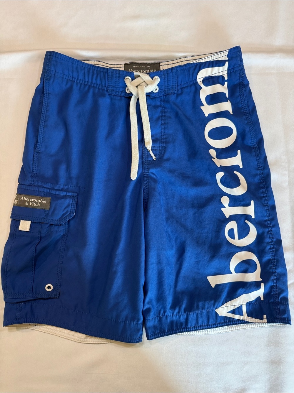 Abercrombie & Fitch Mens Blue Logo Cargo Board Shorts Swim Trunks Size Small Y2K